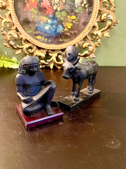 Egyptian Scribe and Bull Figurine Set