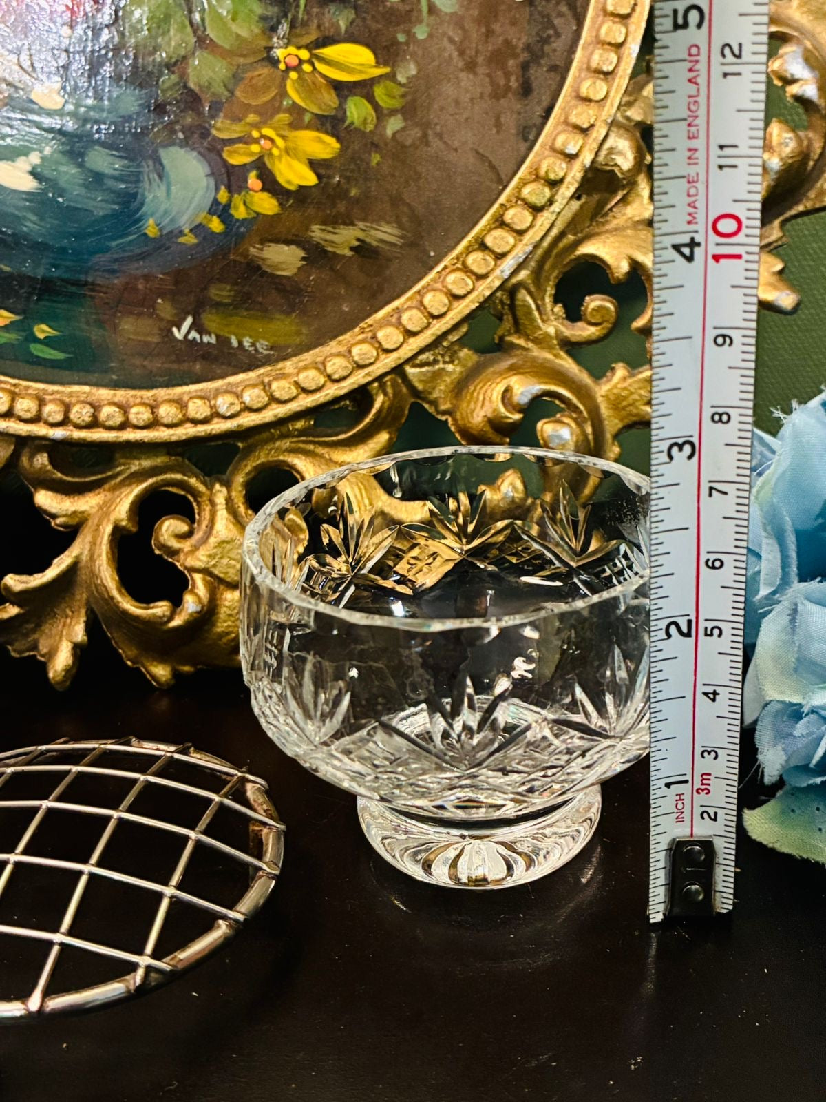 Vintage Cut Crystal Rose Bowl with Metal Flower Frog