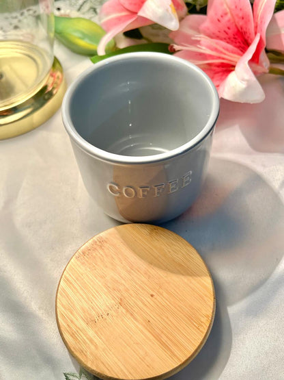Grey Ceramic Coffee Storage Jar Airtight with Bamboo Lid 11cm