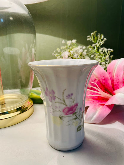 Vintage White Ceramic Sculptural Vase Pink Accent 15 cm