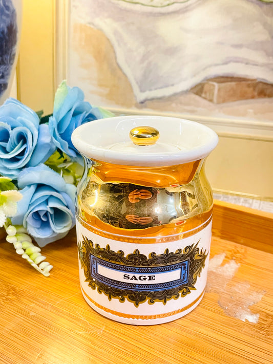 Vintage Porcelain "Sage" Spice Jar | Gold & White Apothecary Decor