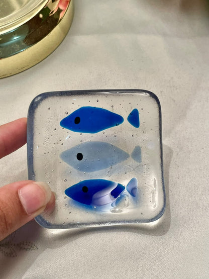 Blue Fish Crystal Square Trinket Dish, 3 in