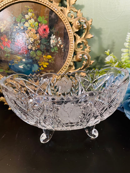 Vintage Crystal Cut Oval Footed Bowl