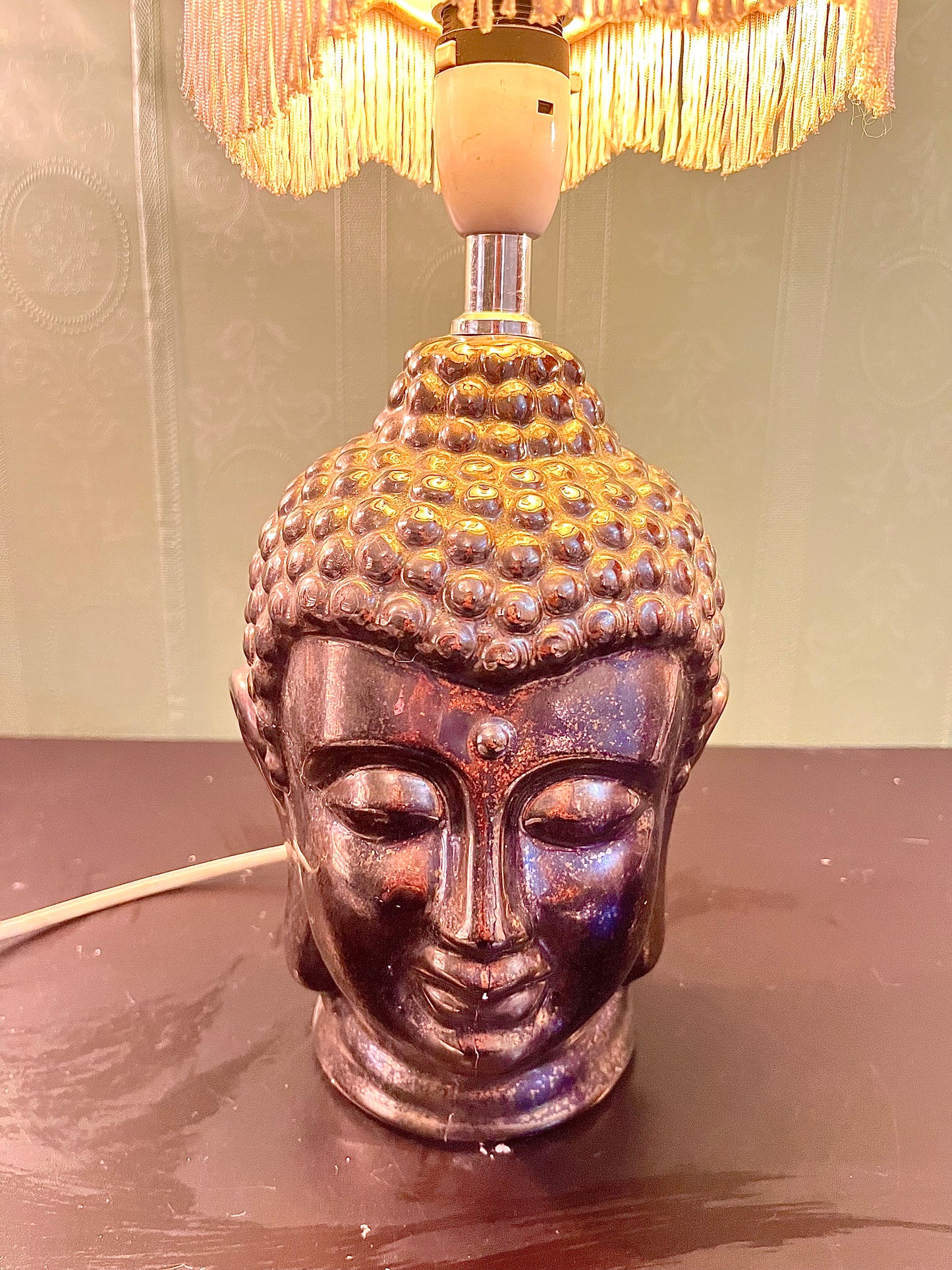 Buddha Head Table Lamp with Fringe Shade