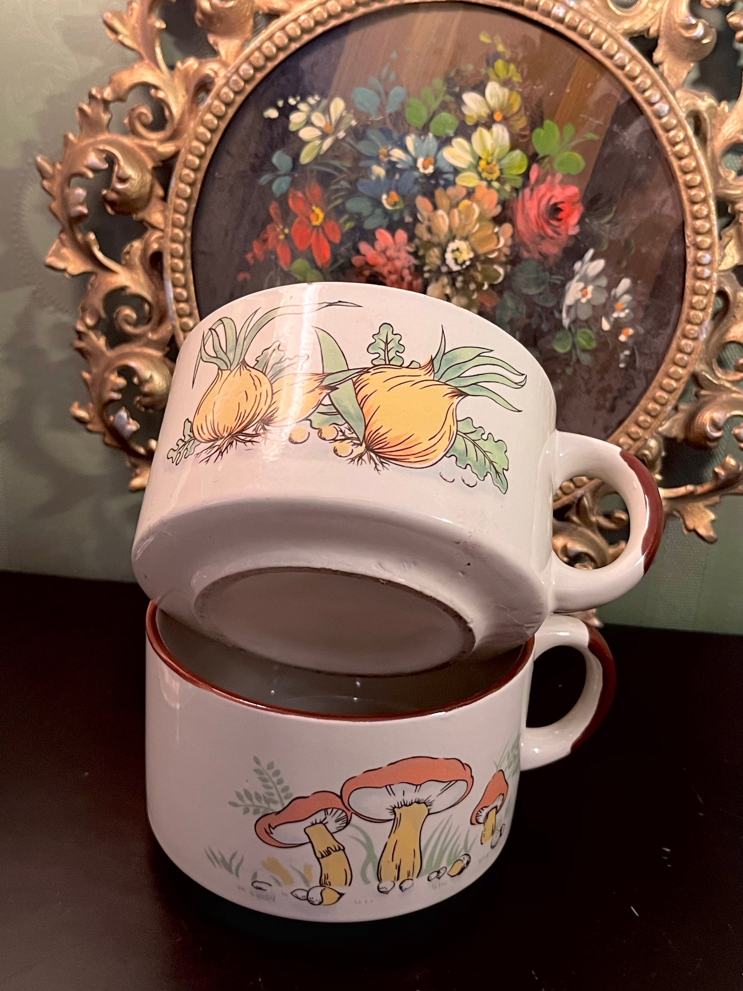 Vintage Ceramic Soup Mugs Set of 2 – Mushroom & Onion Botanical Design