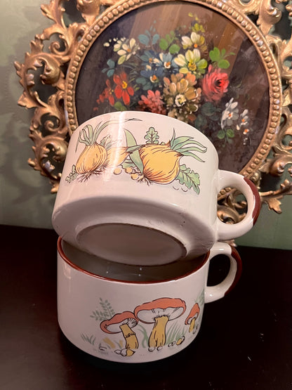 Vintage Ceramic Soup Mugs Set of 2 – Mushroom & Onion Botanical Design