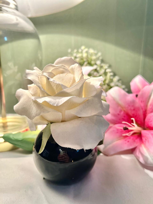 Vintage Black  Vase with White Rose Floral Decor 6 Inch