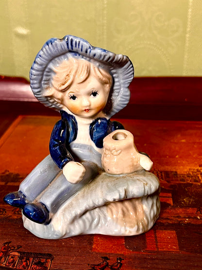 Vintage Porcelain Girl Figurine with Candle Holder Blue Bonnet 10cm