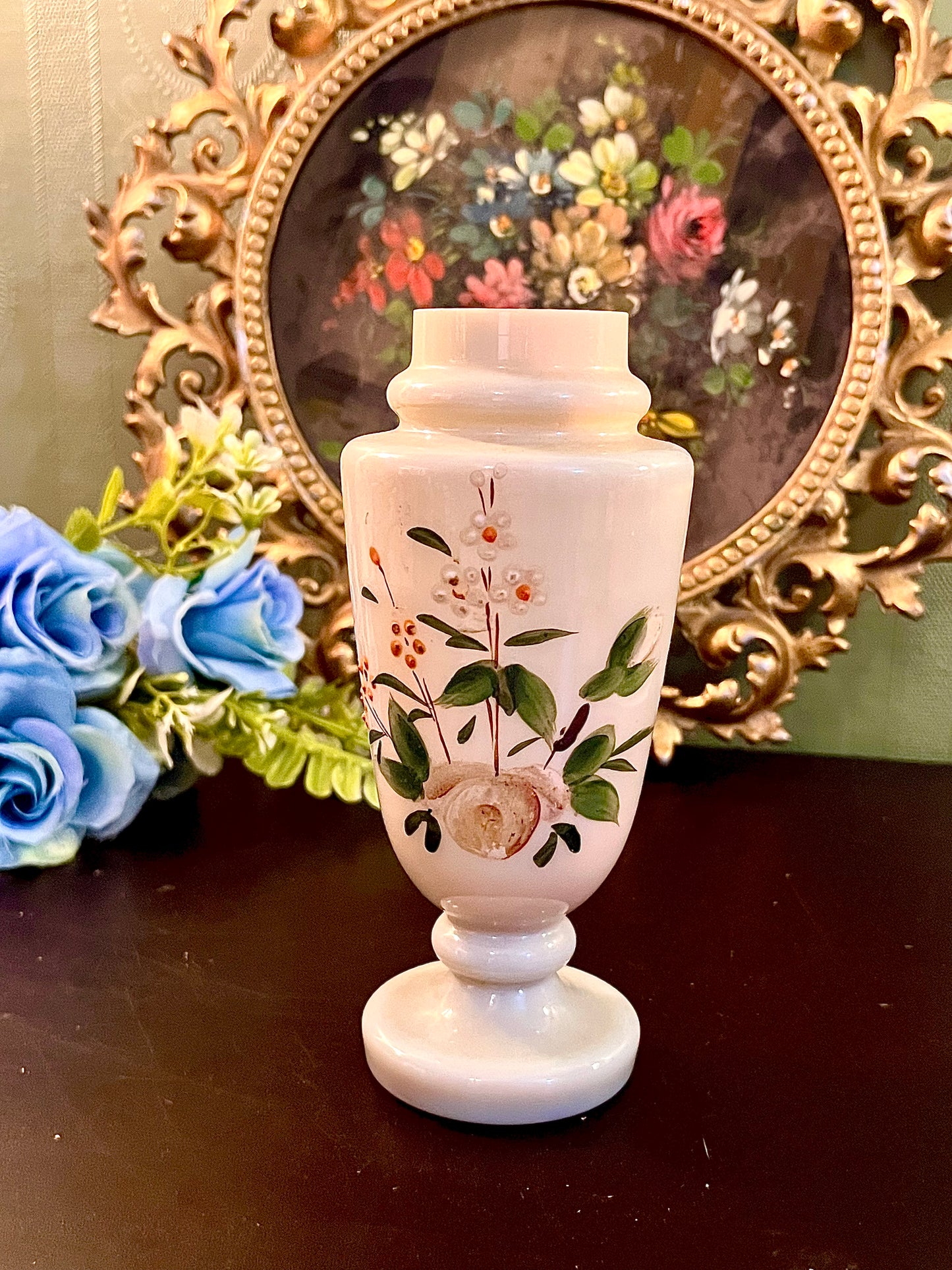 Vintage White Ceramic Pedestal Vase Hand Painted Floral Design 6 Inch