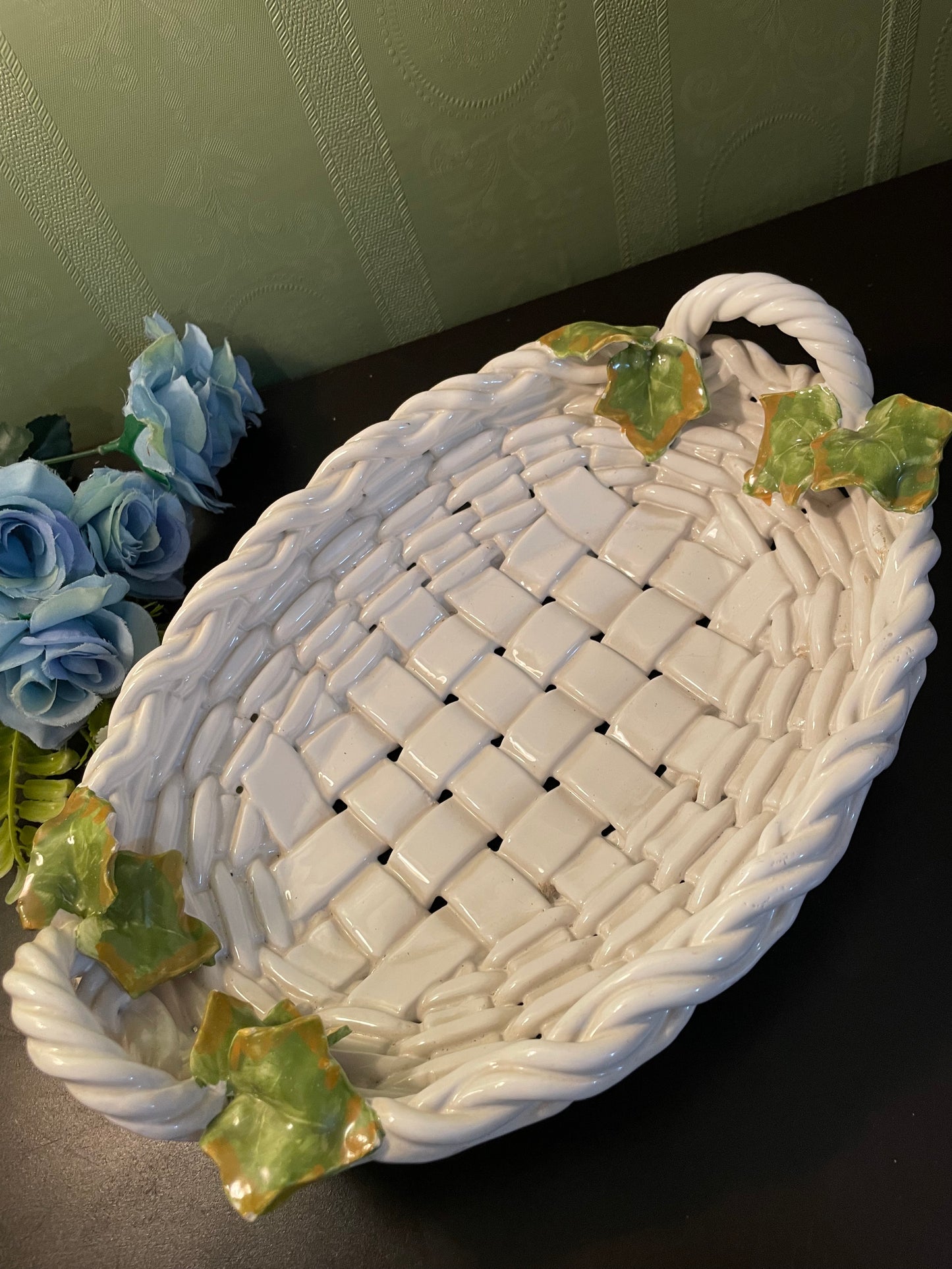 Large White Ceramic Basket Weave Serving Tray With Ivy Leaves