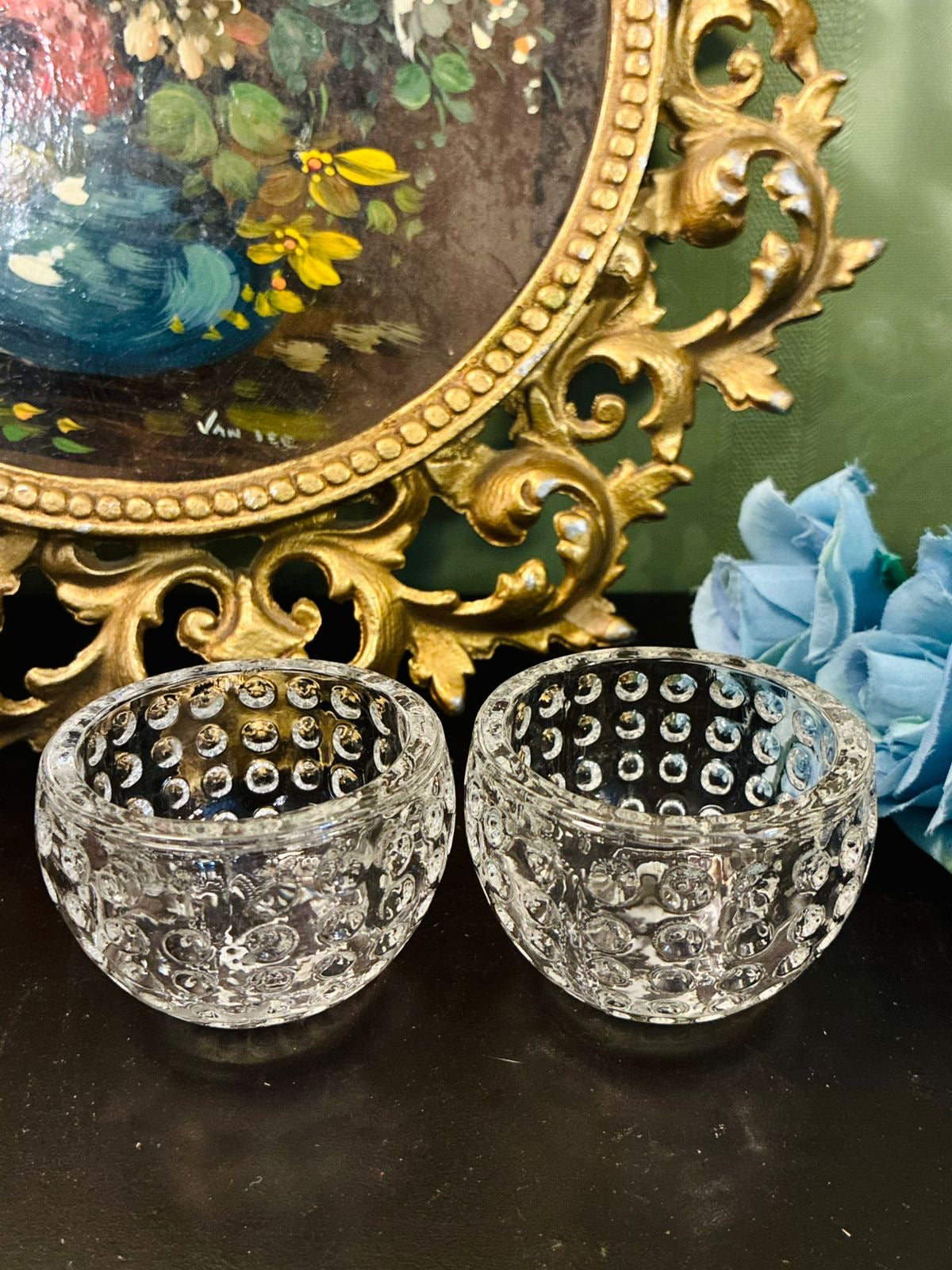 Set of 2 Vintage Clear Hobnail Crystal Dessert Bowls