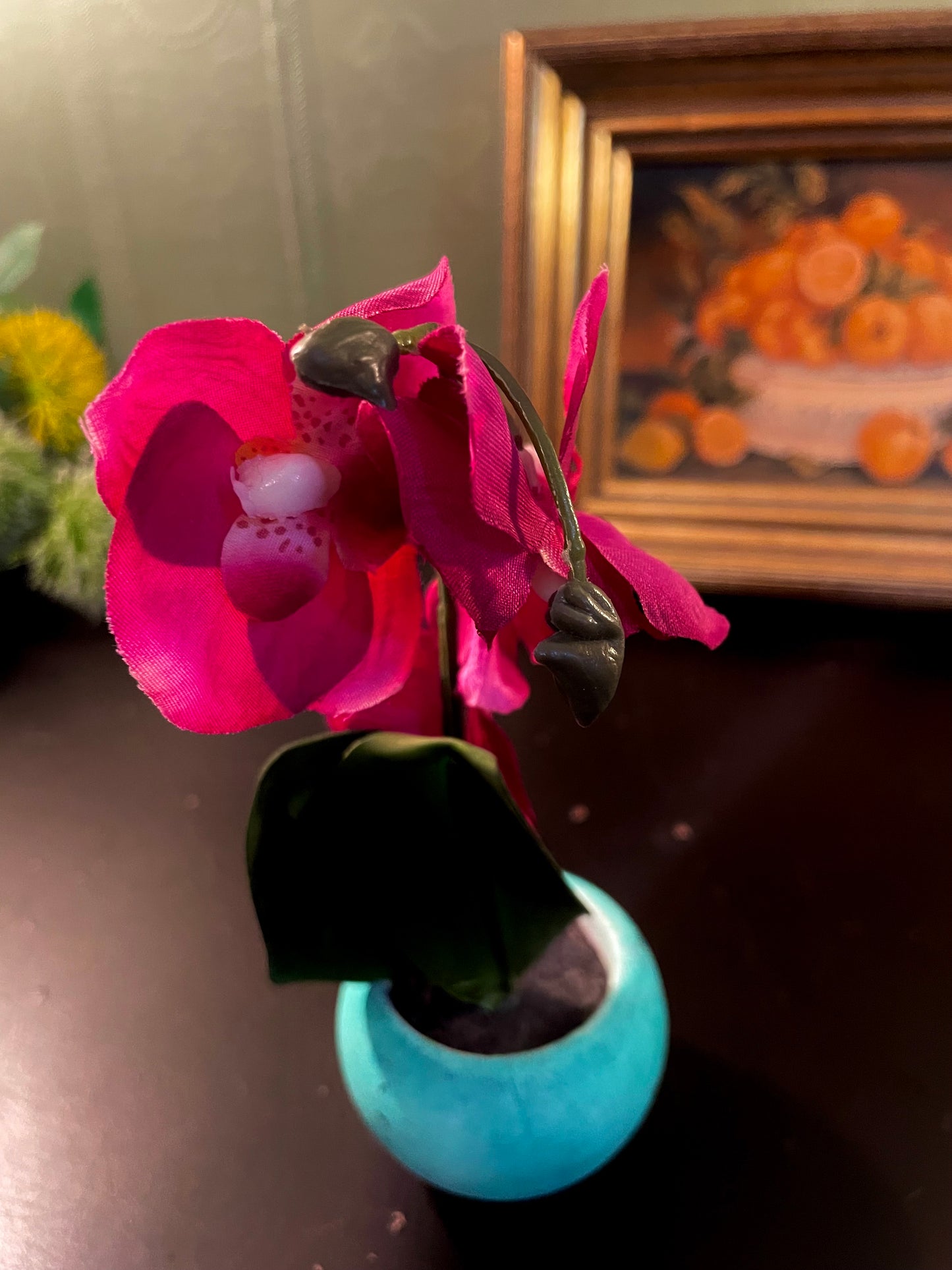 Artificial Pink Orchid in Turquoise Pot 7 Inch