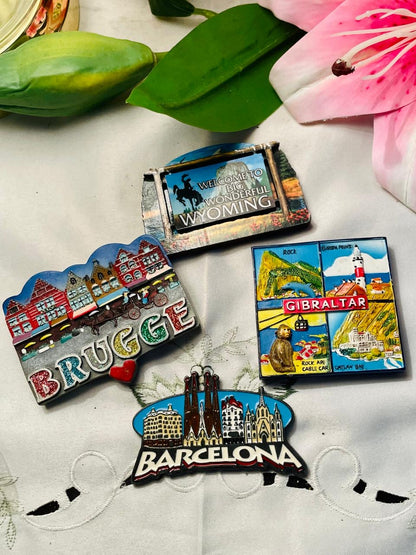 Fridge Magnet 4-Piece Travel Souvenir Decor Set Brugge Barcelona & Gibraltar