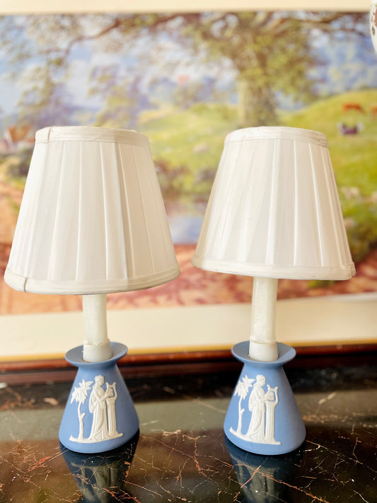 (RARE FIND) Pair of Wedgwood-Style Jasperware Table Lamps with White Relief & Pleated Shades