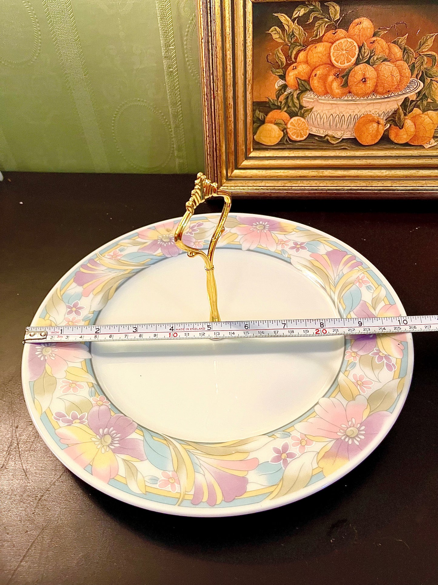 Vintage Pastel Floral Serving Plate with Gold Handle – 10 Inch