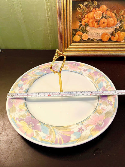 Vintage Pastel Floral Serving Plate with Gold Handle – 10 Inch