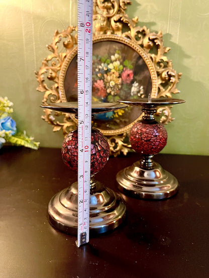 Pair of Red Mosaic Glass & Silver Pillar Candle Holders