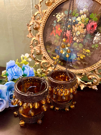 Pair of Amber Glass Hanging Tealight Candle Holders with Beaded Chains