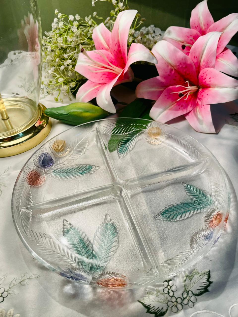 Hand Painted Vintage Floral Crystal 4-Compartment Serving Platter 10 in