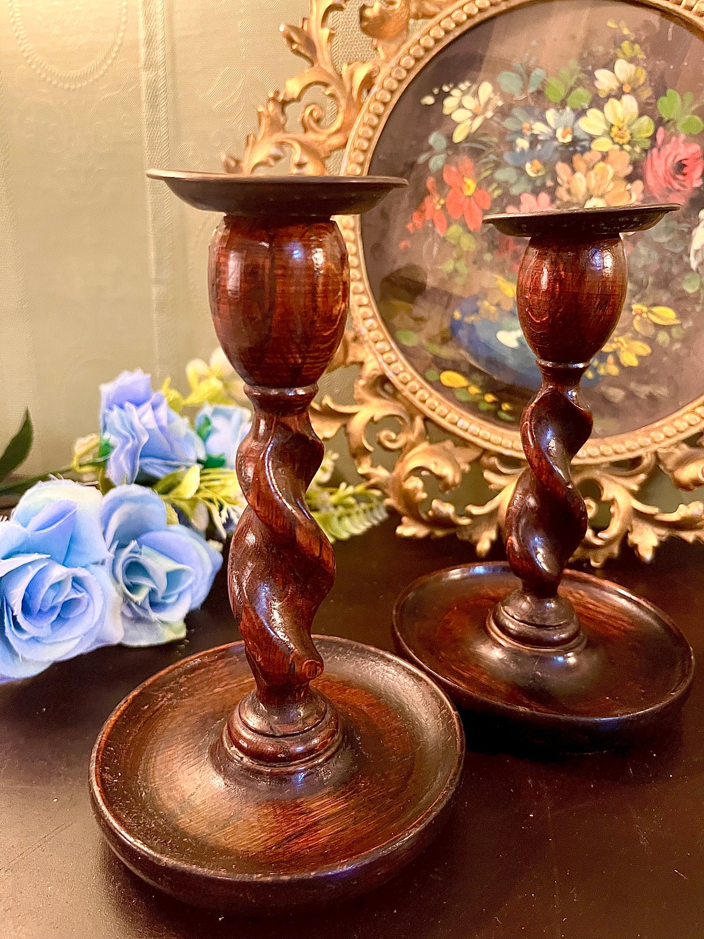 Pair of Dark Wood Spiral Pillar Candle Holders