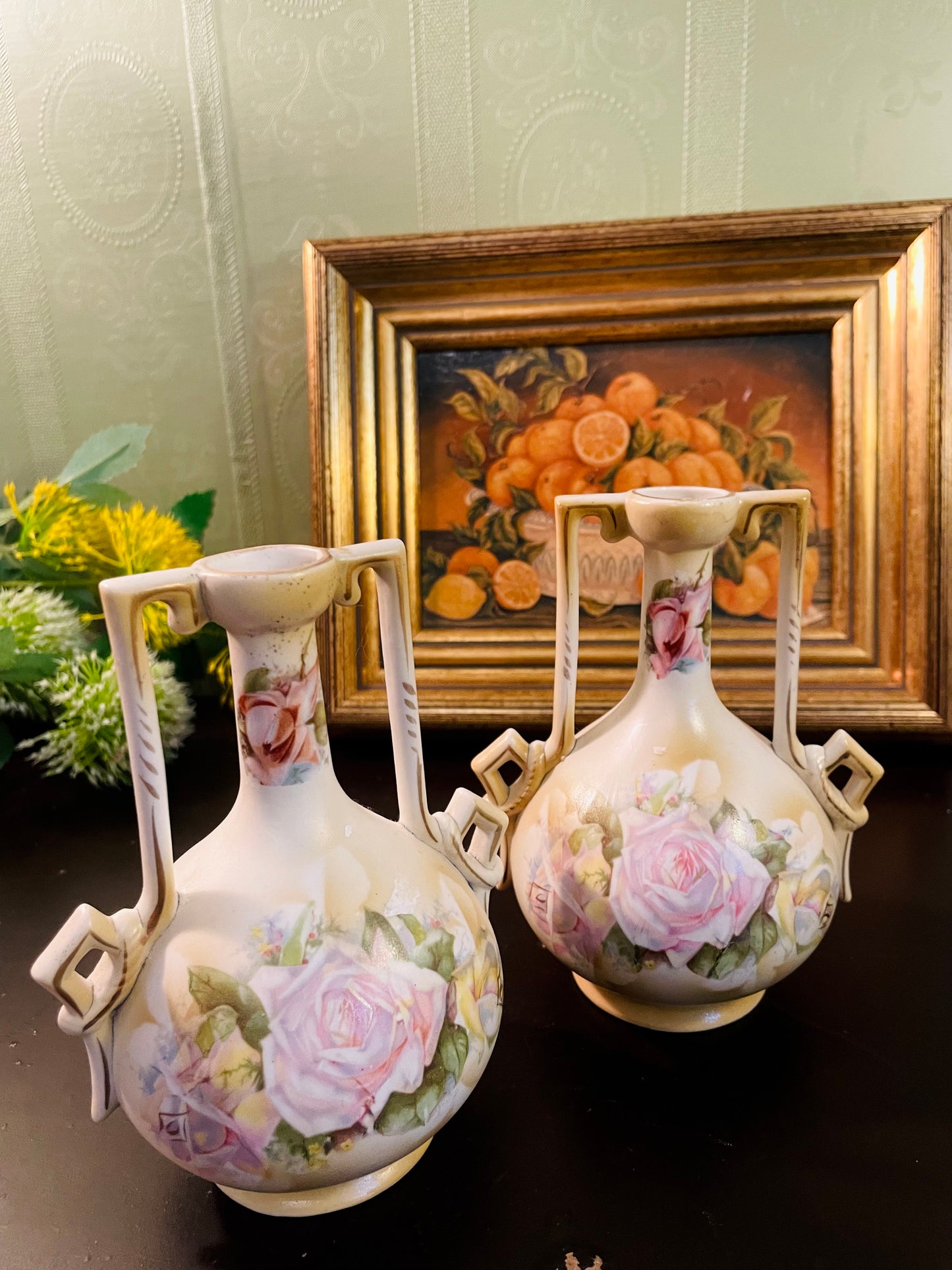 Antique Rose Porcelain Double-Handle Vases – Set of 2