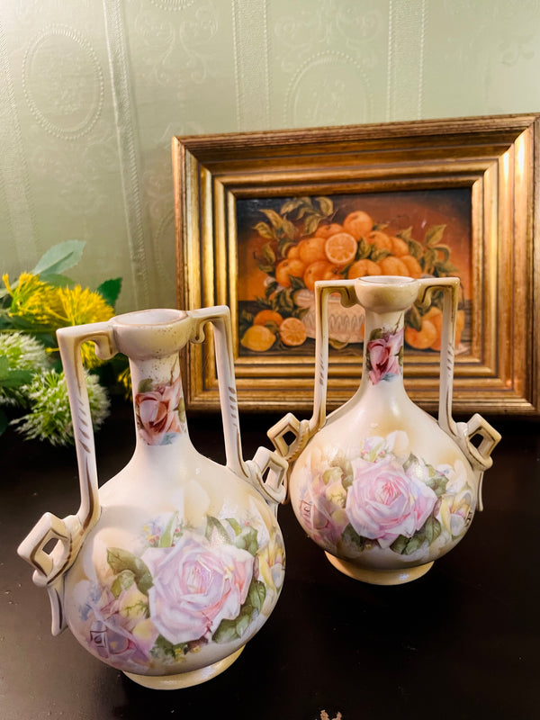 Antique Rose Porcelain Double-Handle Vases – Set of 2