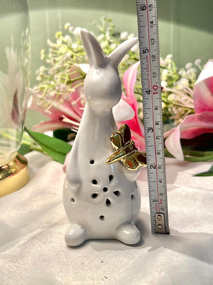 White Rabbit Ceramic Figurine LED Light Gold Butterfly 12cm - 1 Piece