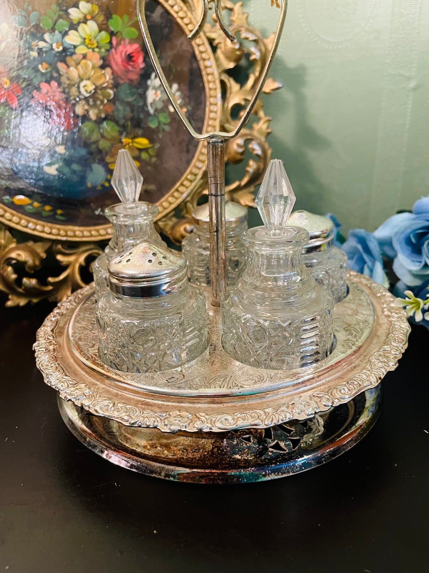 Vintage Crystal Cruet Set with Silver Tone Tray