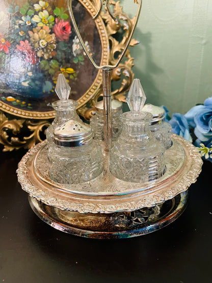 Vintage Crystal Cruet Set with Silver Tone Tray