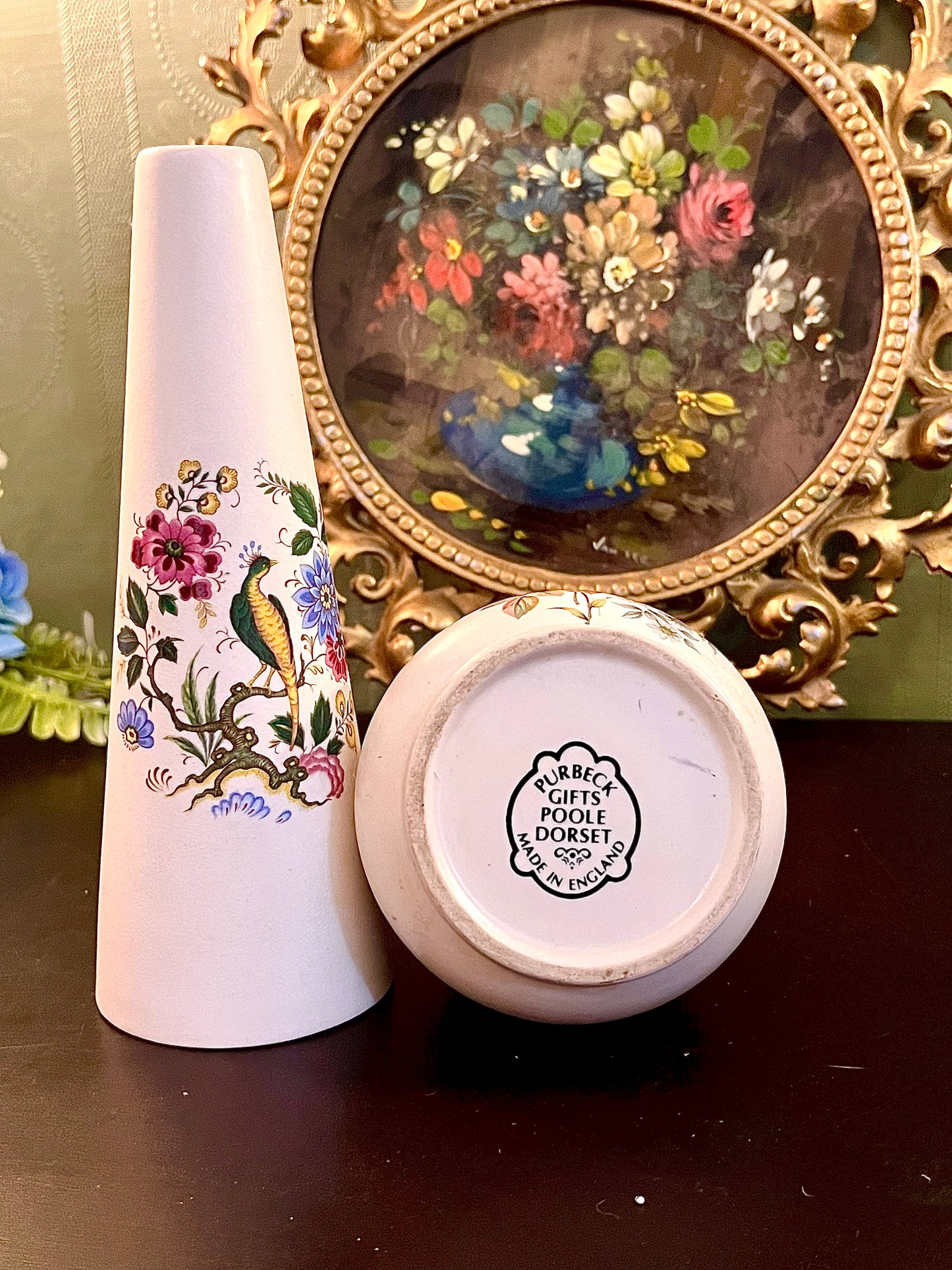 Pair of English Ceramic Decorative Vases – Purebec Gifts Dorset Floral & Bird Design