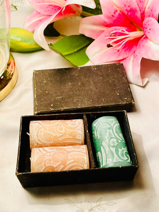 Decorative Floral Pillar Scented Candles Set of 3 with Gift Box 7cm
