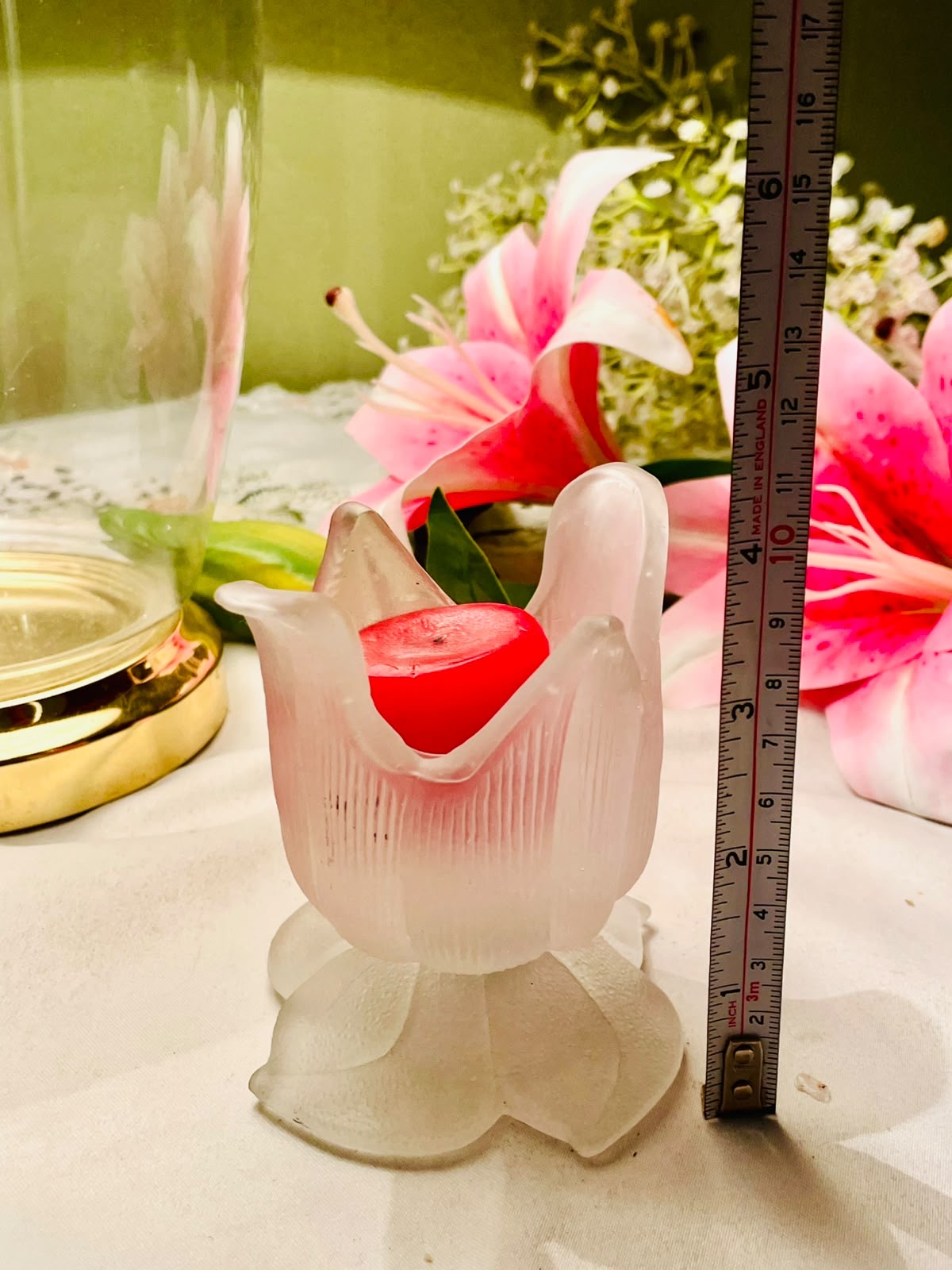 Vintage Frosted Crystal Tulip Flower Candle Holder 11cm