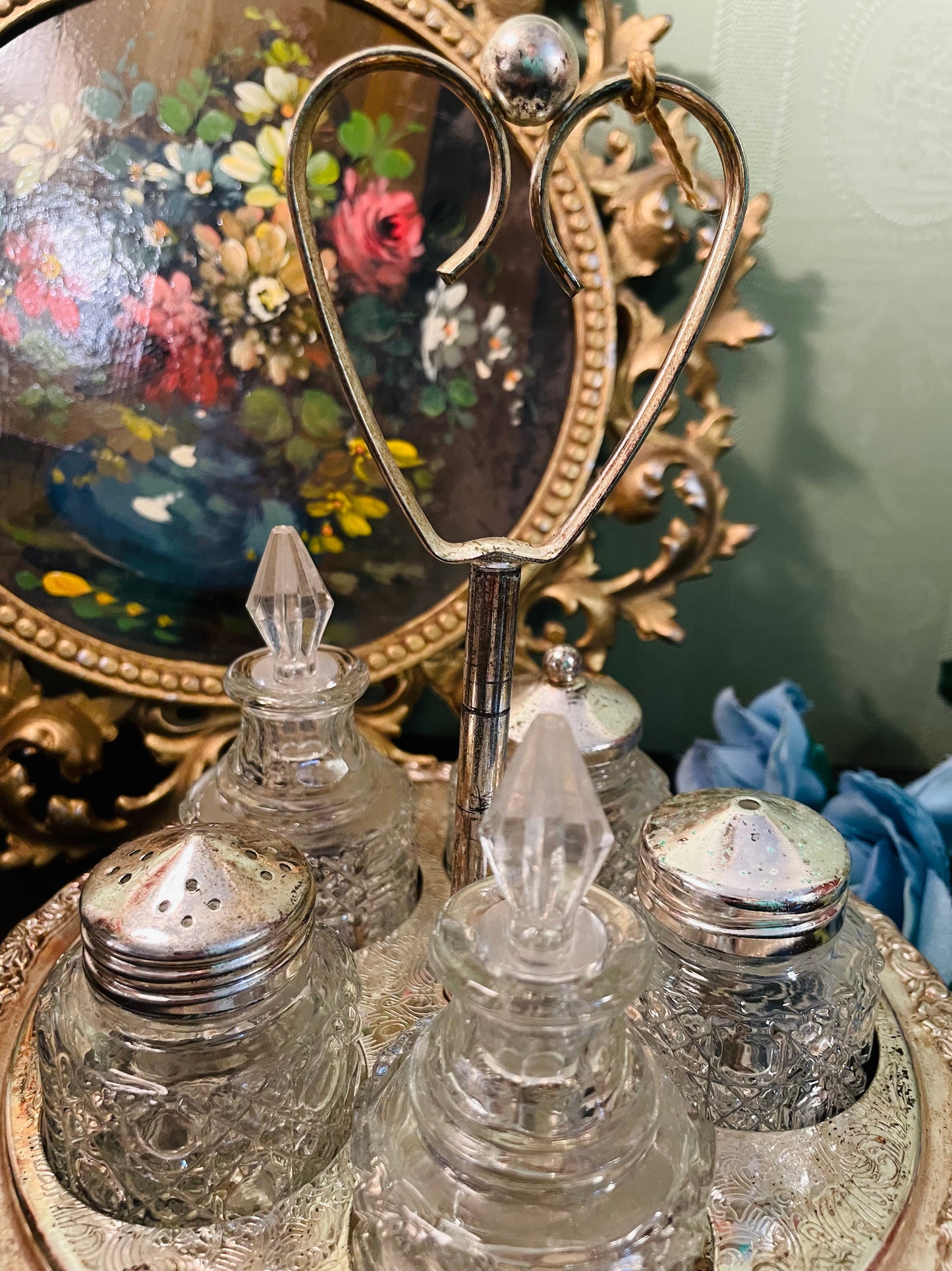 Vintage Crystal Cruet Set with Silver Tone Tray