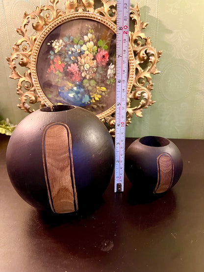 Set of 2 Black Round Decorative Vases with Wood Accent
