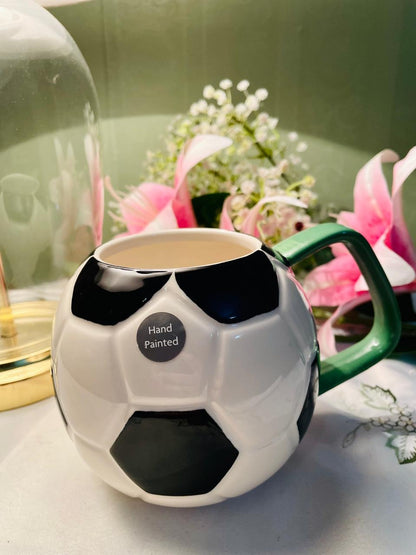 Hand-Painted Football Mug Black White Green 9 cm