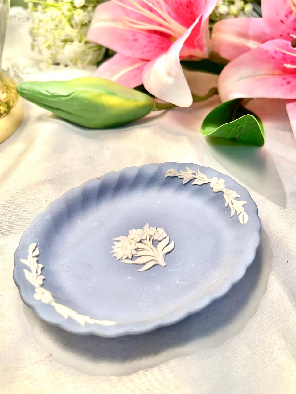 Wedgwood Blue Oval Trinket Dish White Relief 14 cm