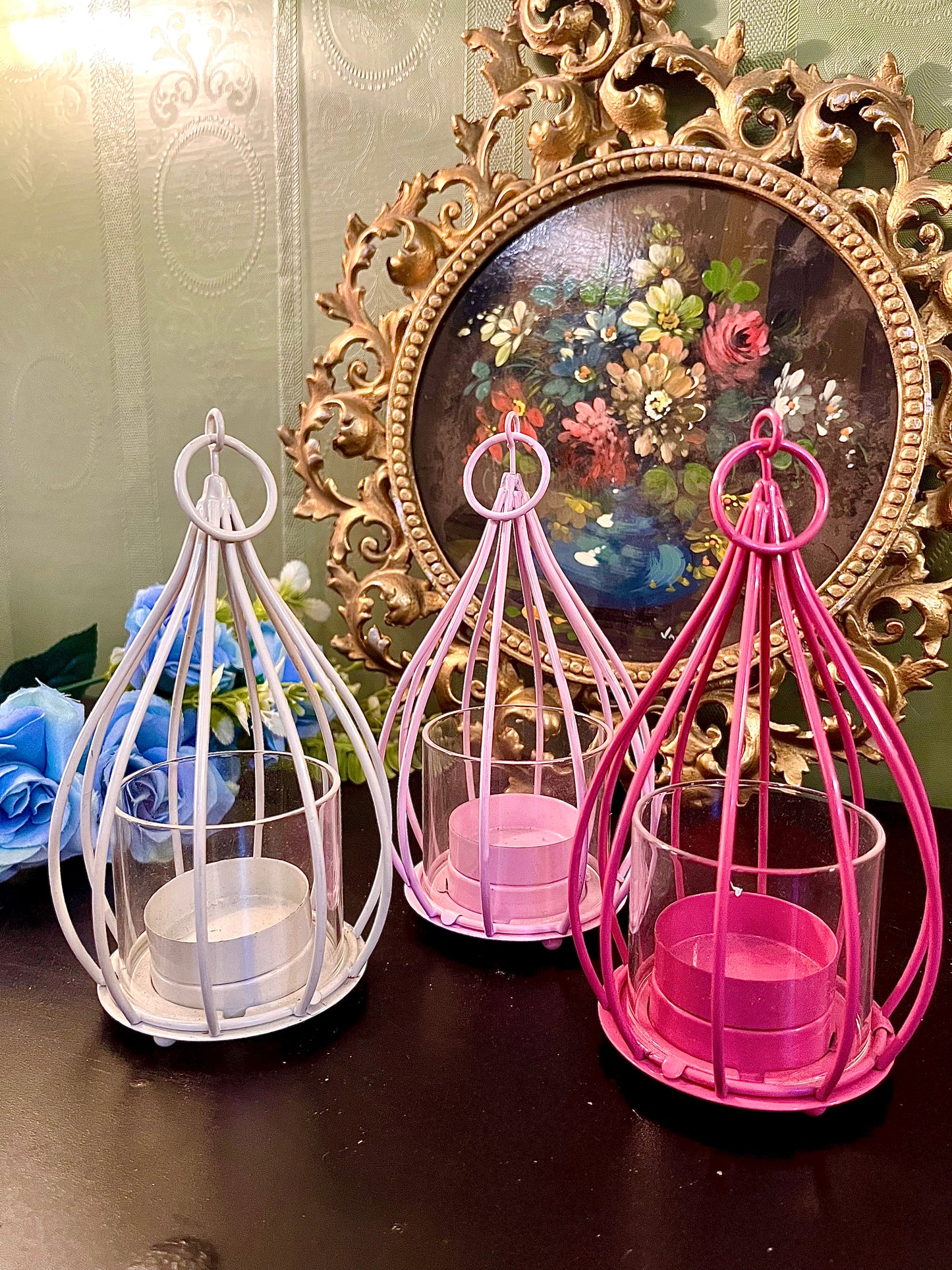 Set of 3 Hanging Metal Tealight Candle Holders with Glass Cups – White, Pink & Lilac