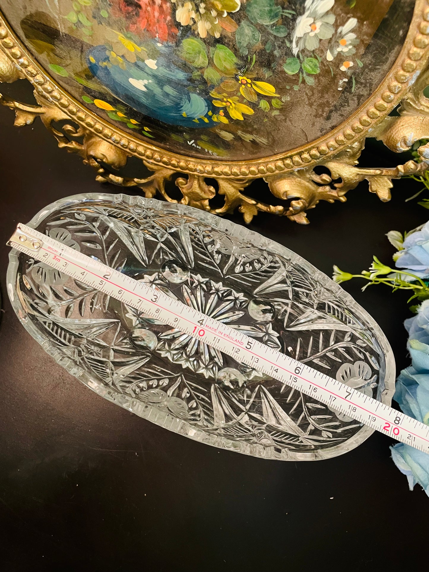 Vintage Crystal Cut Oval Footed Bowl
