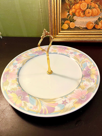 Vintage Pastel Floral Serving Plate with Gold Handle – 10 Inch