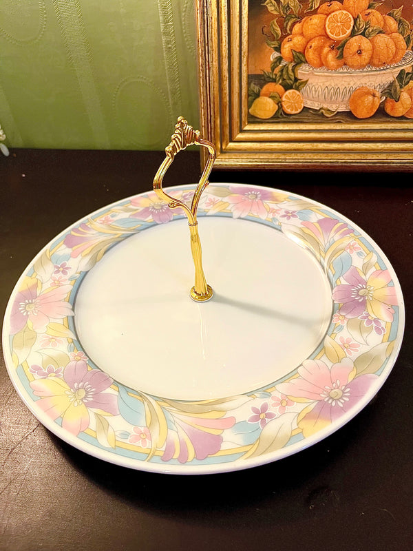 Vintage Pastel Floral Serving Plate with Gold Handle – 10 Inch