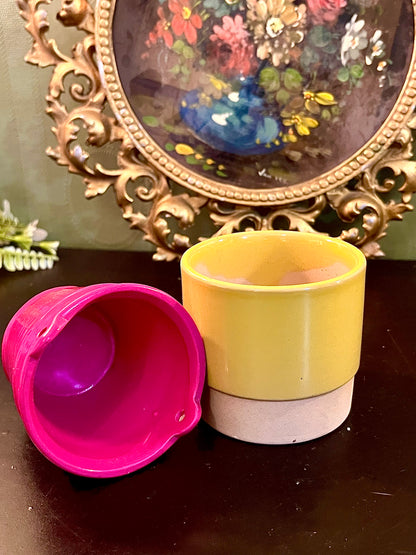 Set of 2 Mini Ceramic Plant Pots Pink Yellow Decorative Planters 3 Inch