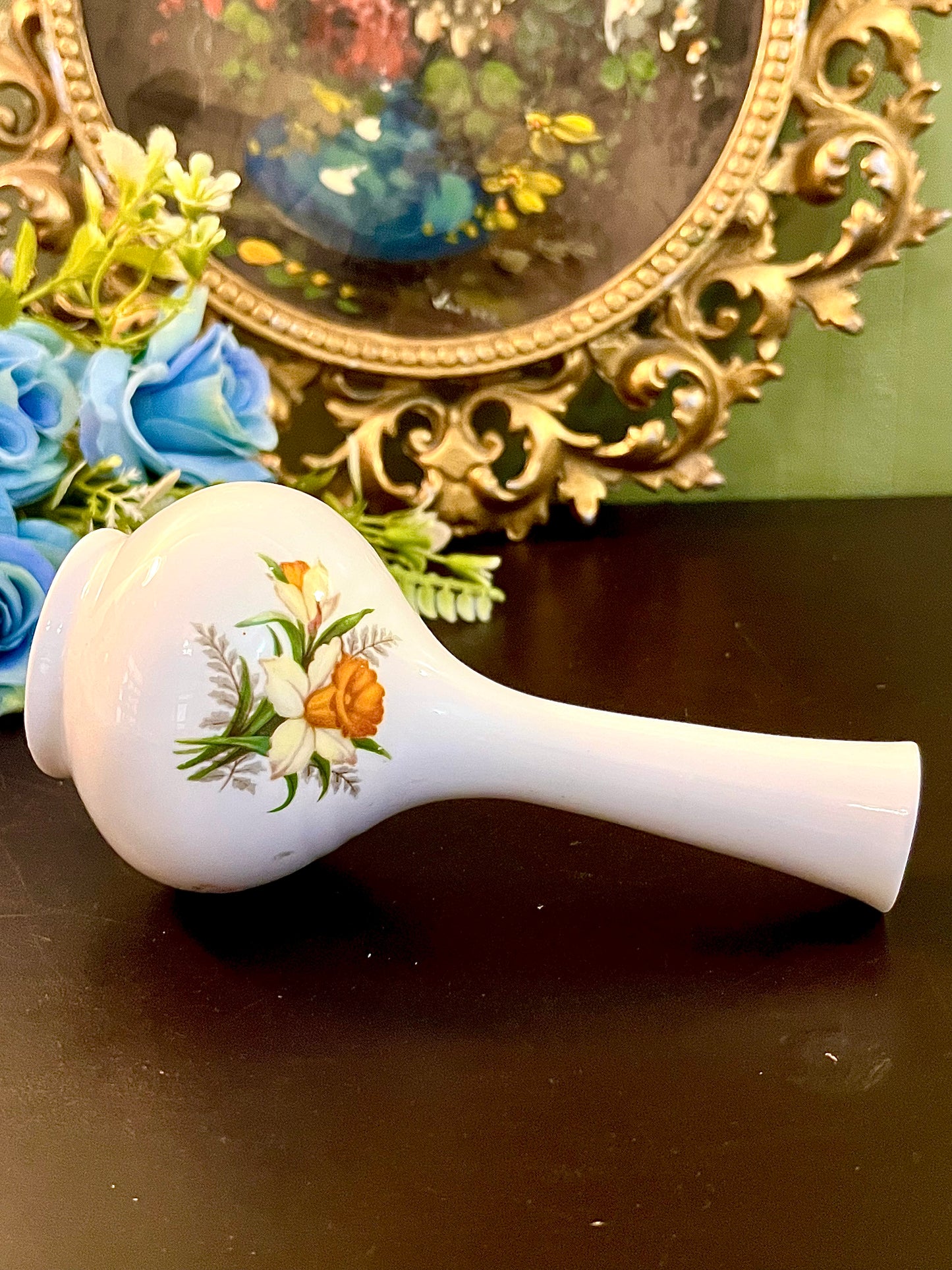 Vintage White Ceramic Bud Vase Floral Design 6 Inch