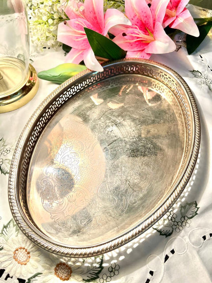Queen Anne Silver Oval Serving Tray Engraved 36 cm