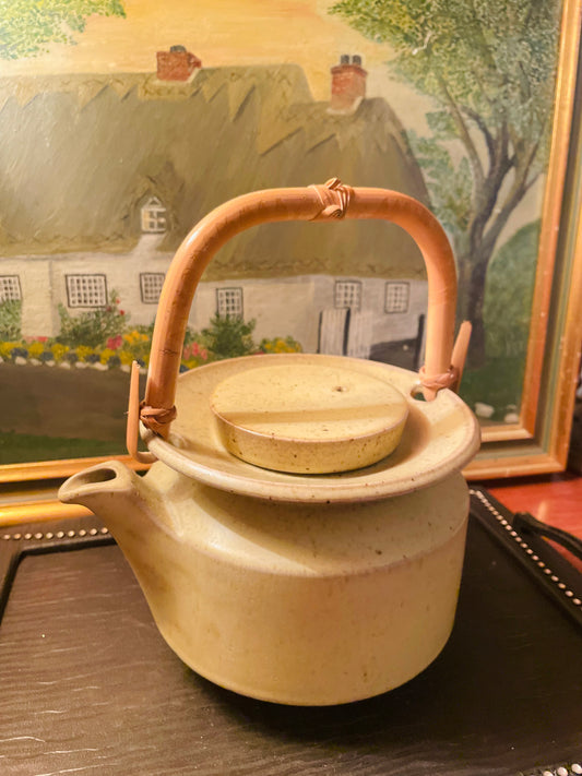 Vintage Teapot, Kettle with Bamboo Handle, Stoneware, France