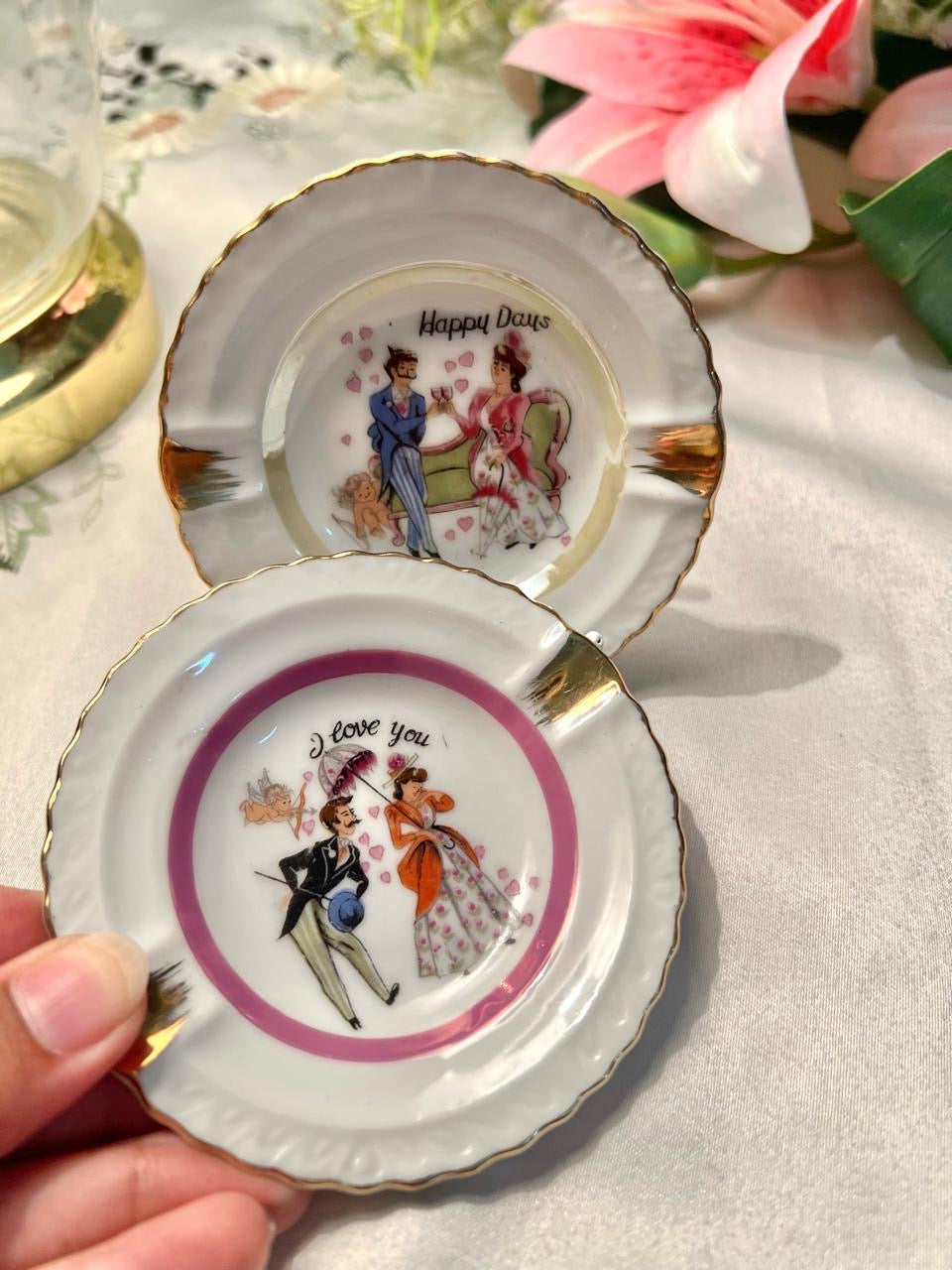 Vintage Porcelain Happy Days & I Love You Dishes Set of 2 9 cm