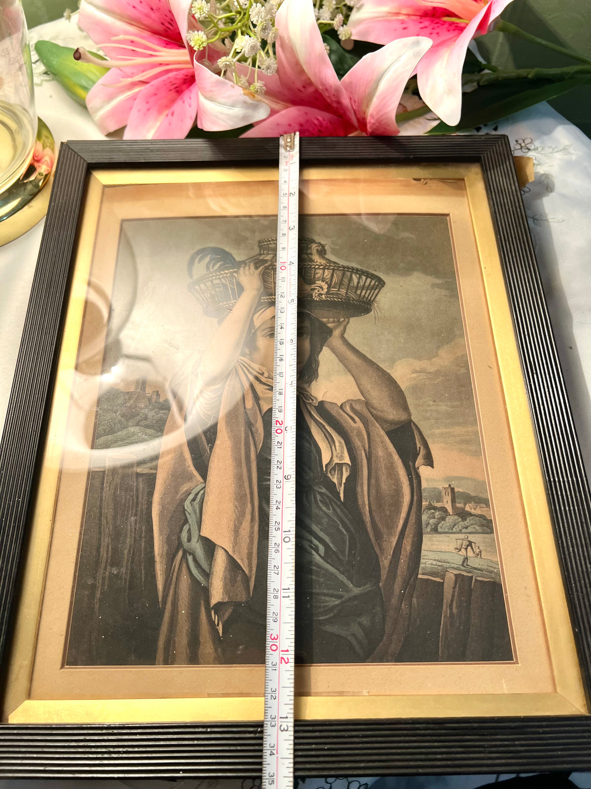 Vintage Thomas Barker of Bath Framed Woman with Bird Cage Painting Black Gold Frame 35cm