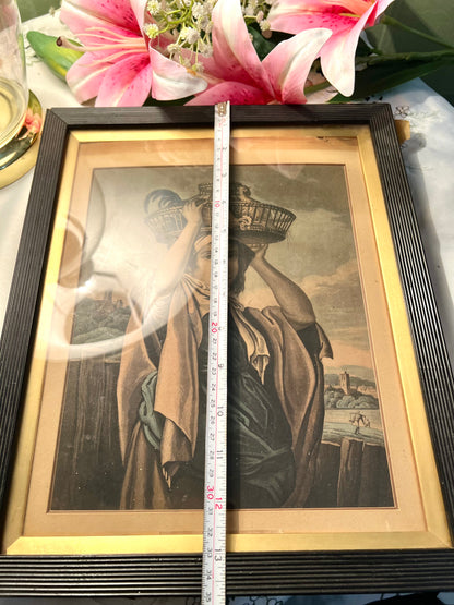 Vintage Thomas Barker of Bath Framed Woman with Bird Cage Painting Black Gold Frame 35cm