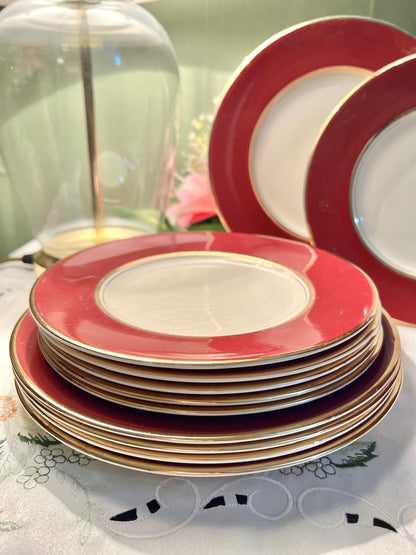 Myott Red Border English 11 Plates Set Gold Rims