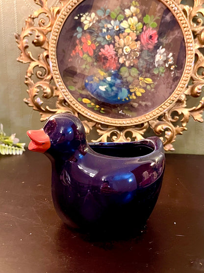 Vintage Navy Blue Duck Shaped Ceramic Planter | Bird Flower Pot