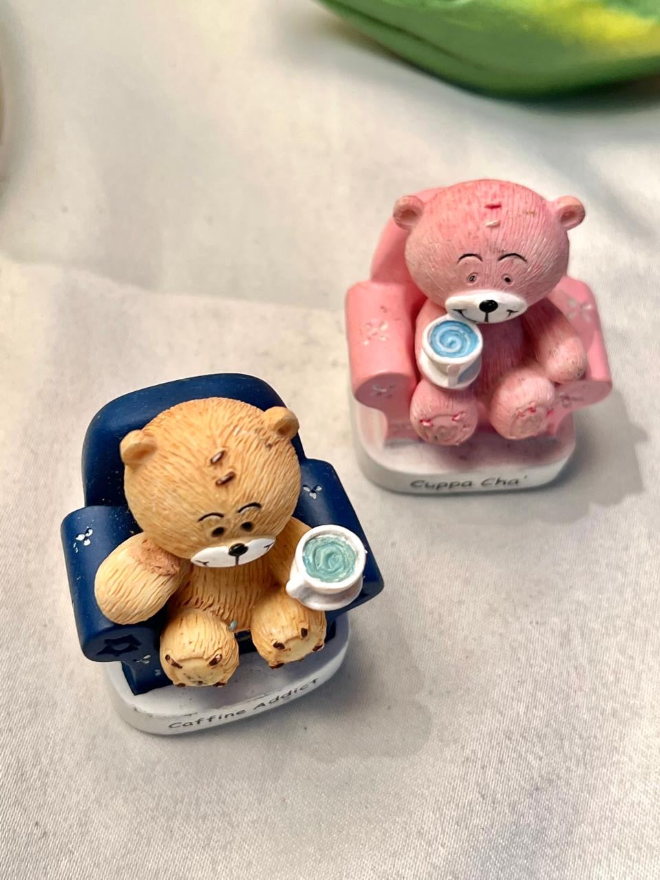 Vintage Caffeine Addict Teddy Bear Figurine with Cup 6 cm